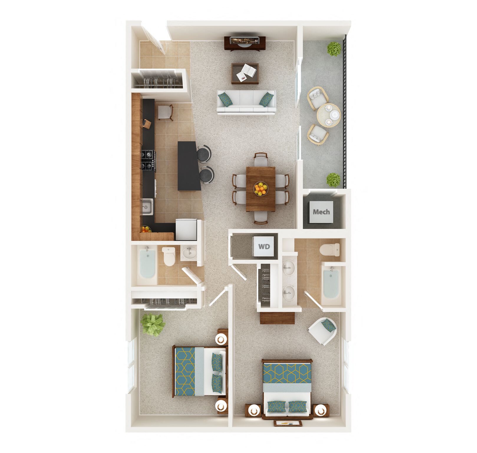 Floor plan for 2 beds, 2 baths, 1020 sqft