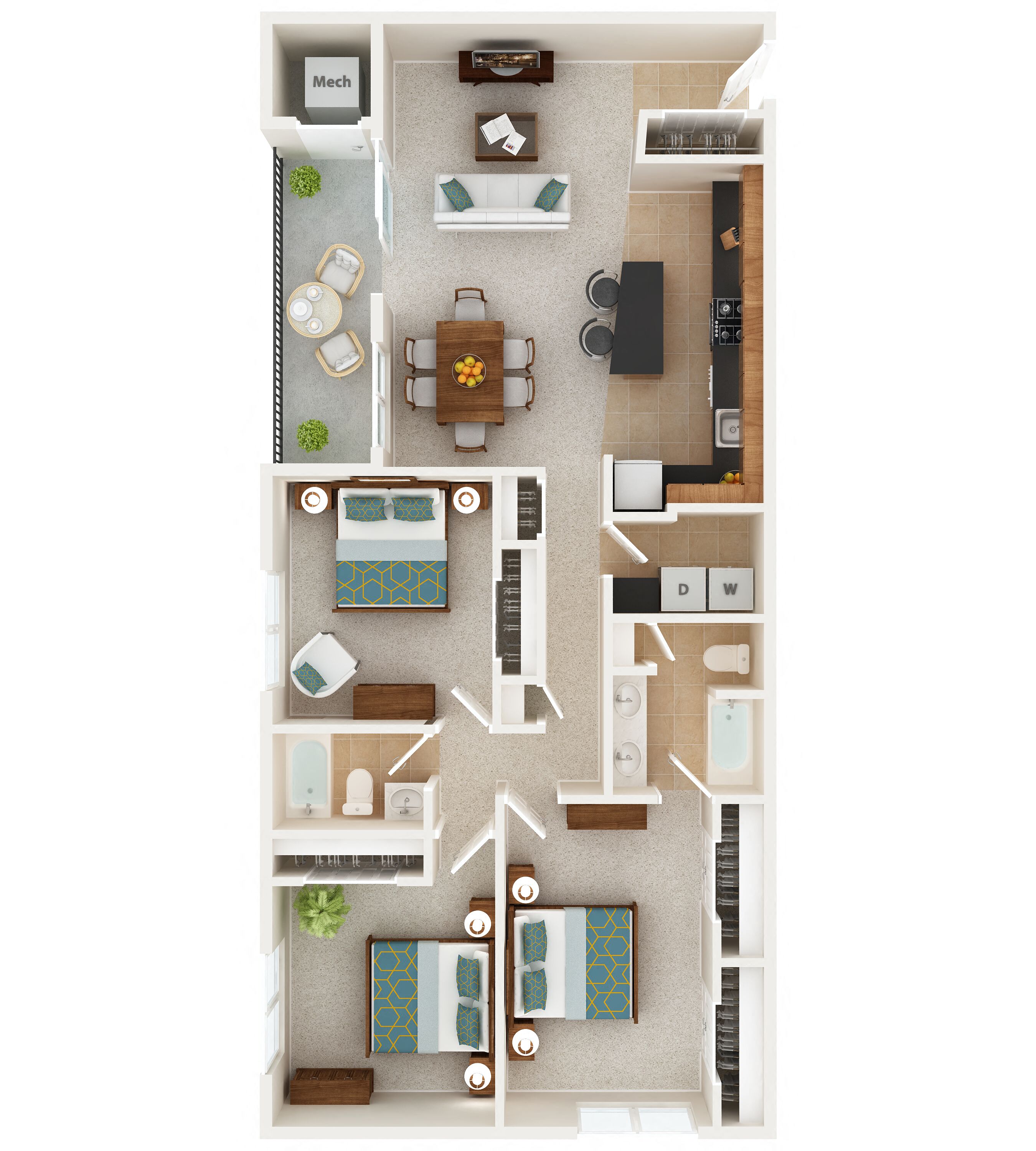 Floor plan for 3 beds, 2 baths, 1275 sqft