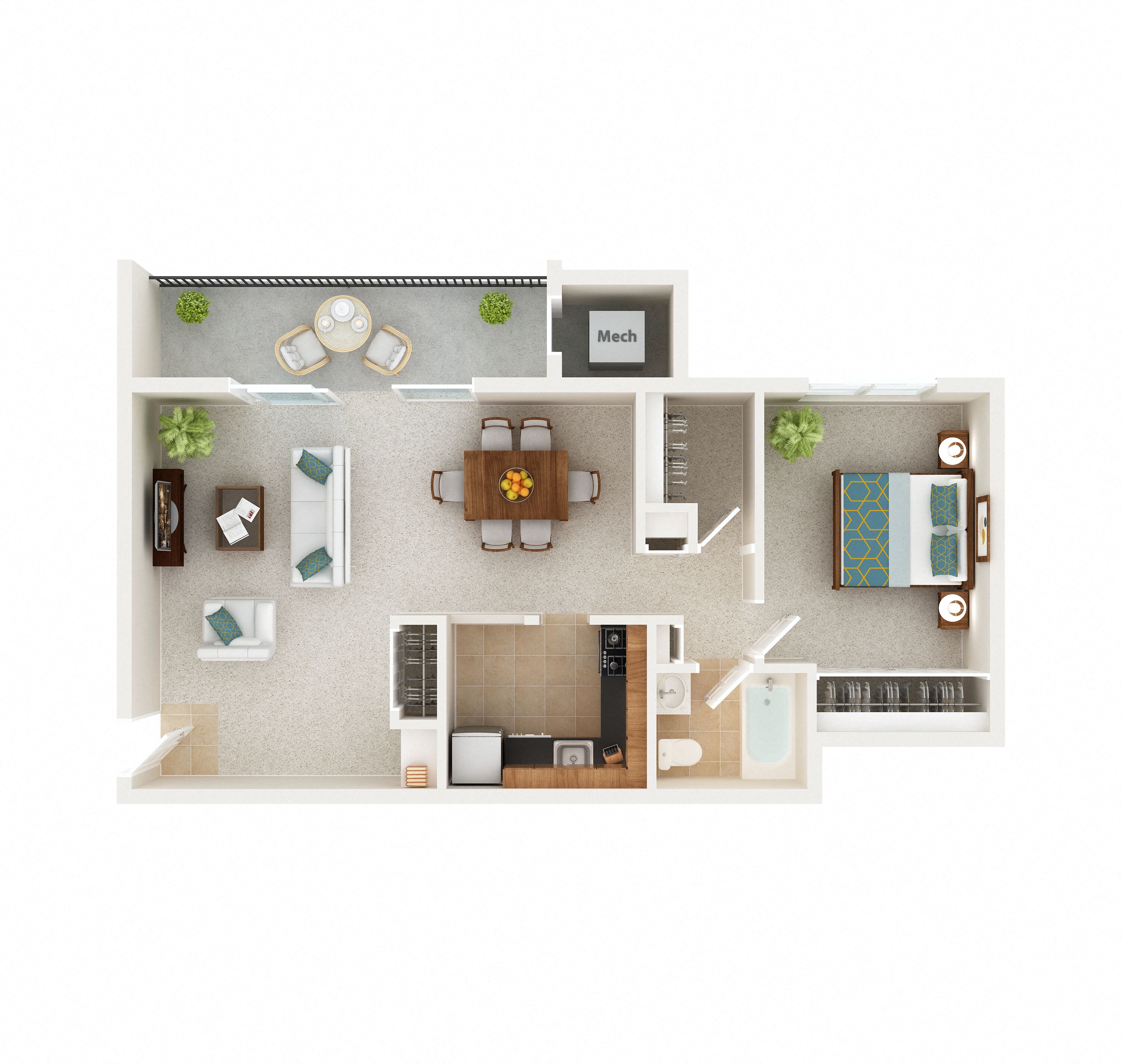 Floor plan for 1 bed, 1 bath, 822 sqft
