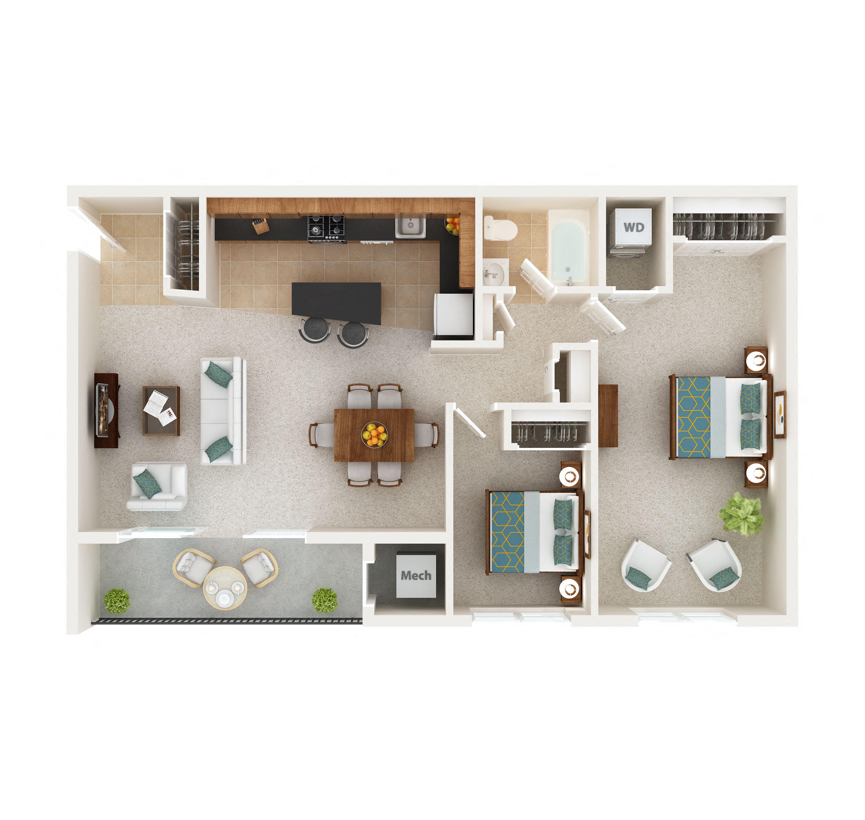 Floor plan for 1 bed, 1 bath, 955 sqft
