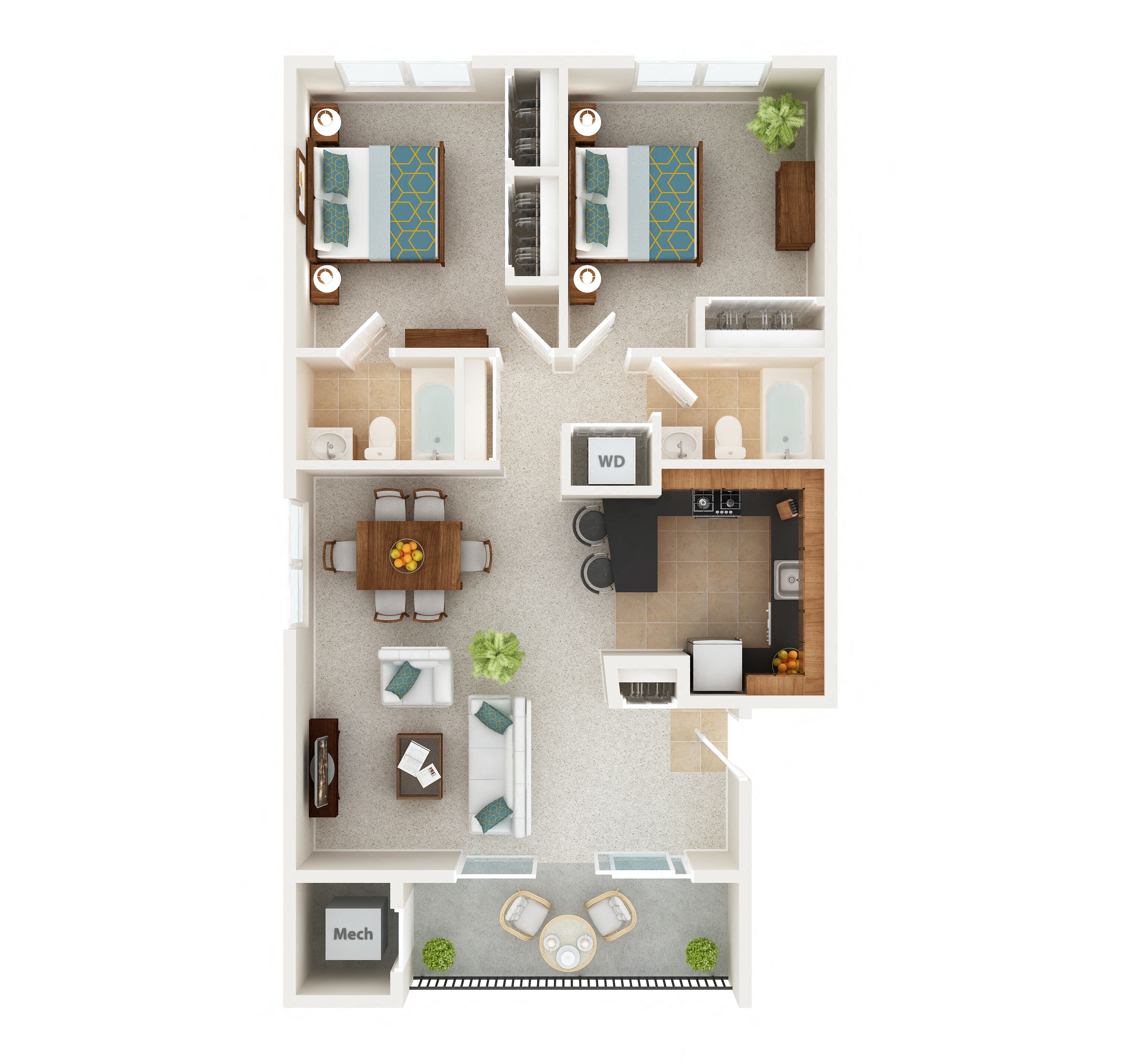 Floor plan for 2 beds, 2 baths, 970 sqft