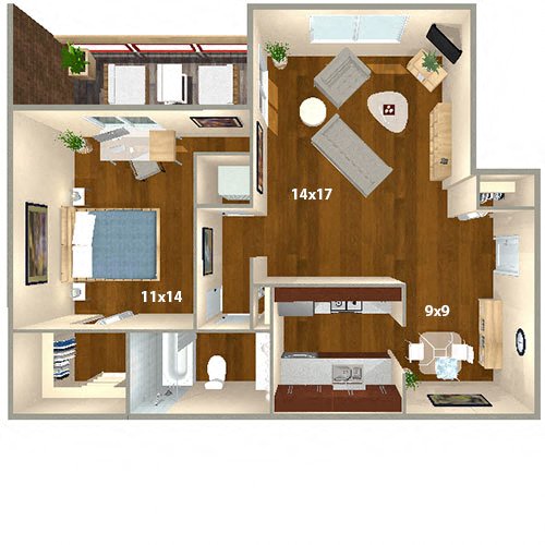 Floor plan for 1 bed, 1 bath, 723 sqft