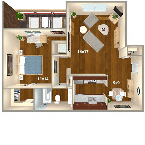 Floor plan for 1 bed, 1 bath, 723 sqft
