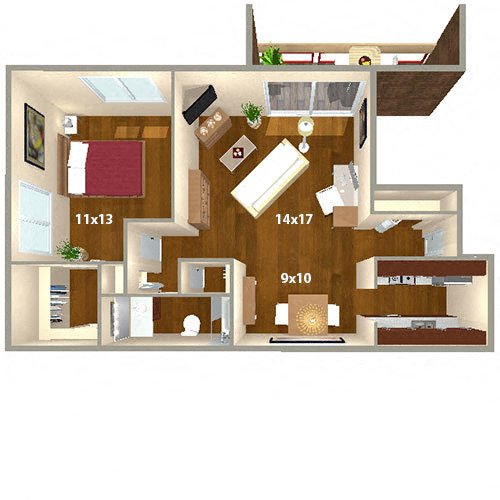 Floor plan for 1 bed, 1 bath, 723 sqft