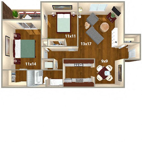 Floor plan for 2 beds, 1 bath, 830 sqft