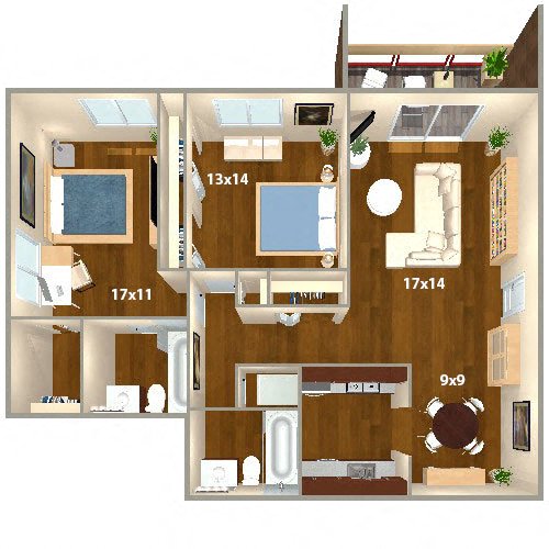 Floor plan for 2 beds, 2 baths, 945 sqft