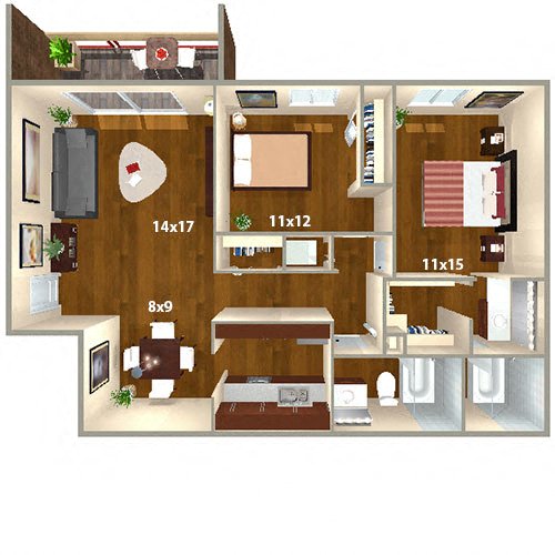 Floor plan for 2 beds, 2 baths, 945 sqft