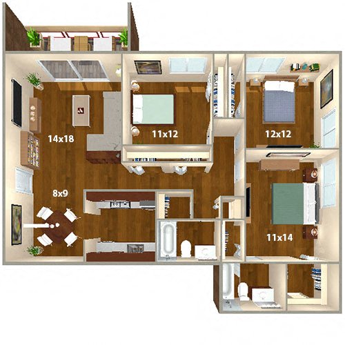 Floor plan for 3 beds, 2 baths, 1107 sqft