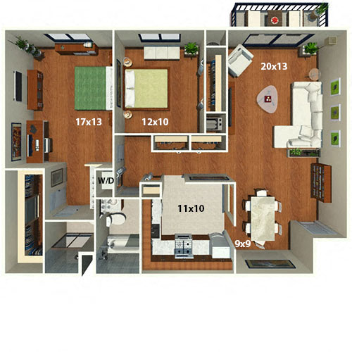 Floor plan for 2 beds, 2 baths, 1255 sqft