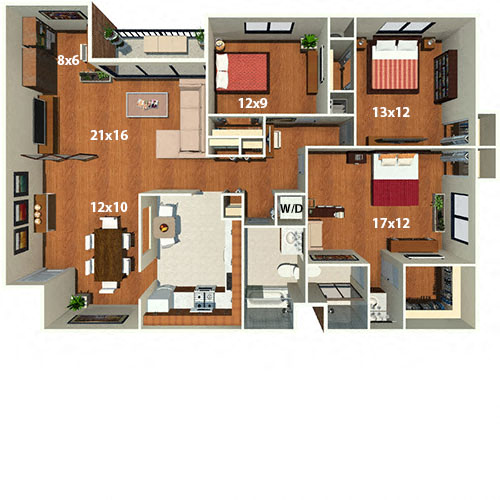 Floor plan for 3 beds, 2 baths, 1604 sqft
