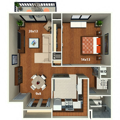 Floor plan for 1 bed, 1 bath, 914 sqft