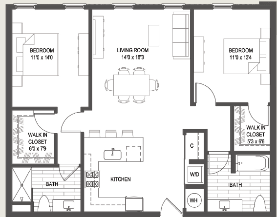 Floor plan for 2 beds, 2 baths, 1574 sqft