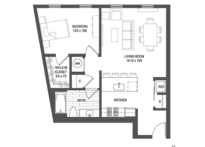 Floor plan for 1 bed, 1 bath, 758 sqft