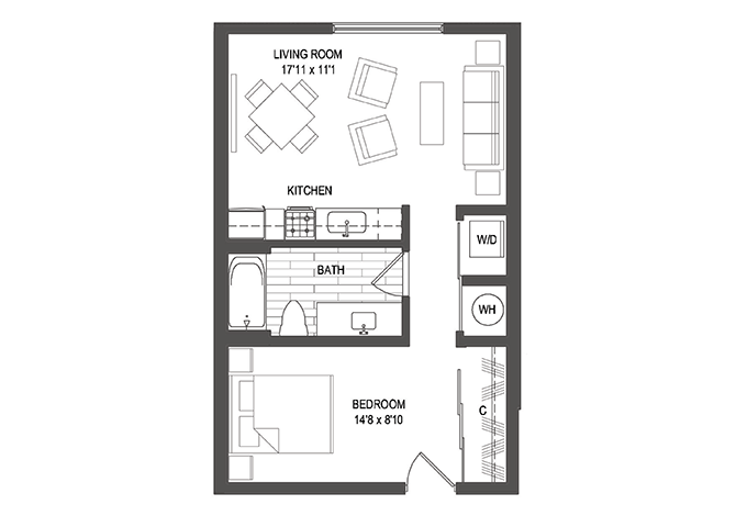 Floor plan for studio, 1 bath, 524 sqft