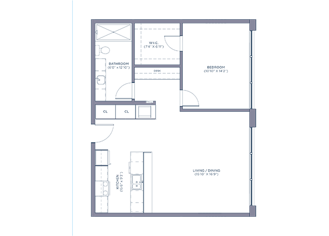 Floor plan for 1 bed, 1 bath, 845 sqft
