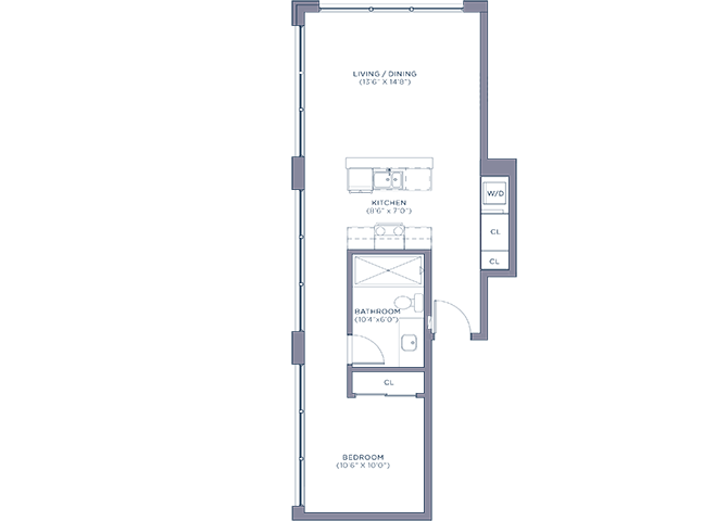 Floor plan for studio, 1 bath, 685 sqft