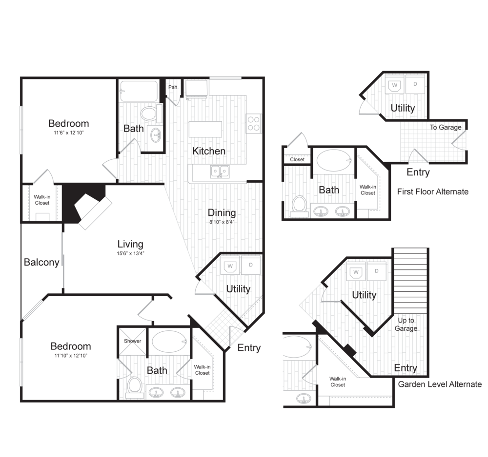 Floor plan for 2 beds, 2 baths, 1290 sqft