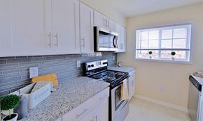 Alexandria apartment for rent - a kitchen with white cabinets and a stove and a microwave
