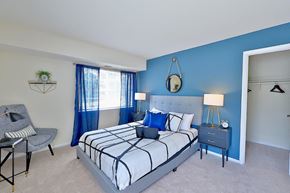 Alexandria apartment for rent - a bedroom with a bed and a blue wall