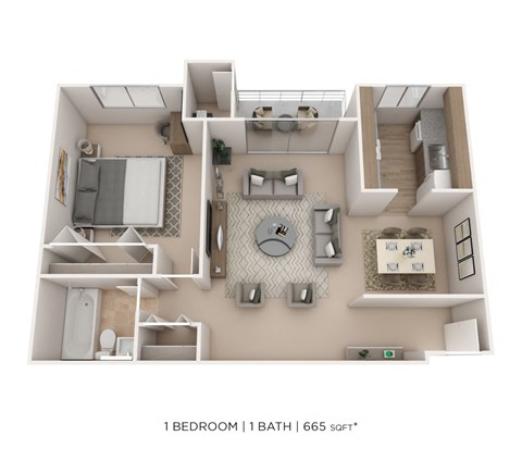 Floor plan for 1 bed, 1 bath, 665 sqft