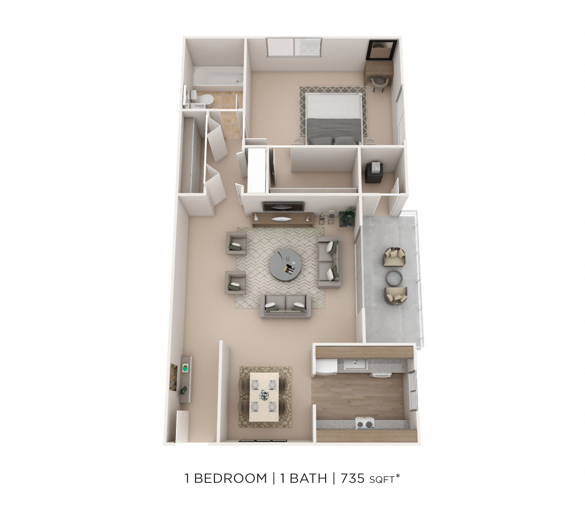 Floor plan for 1 bed, 1 bath, 735 sqft