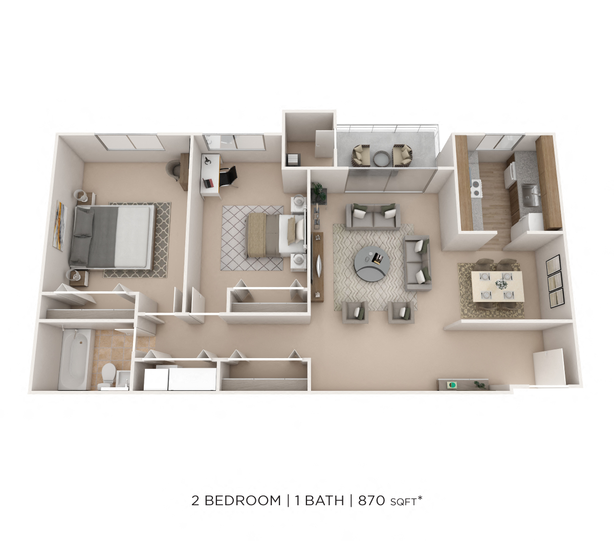 Floor plan for 2 beds, 1 bath, 870 sqft