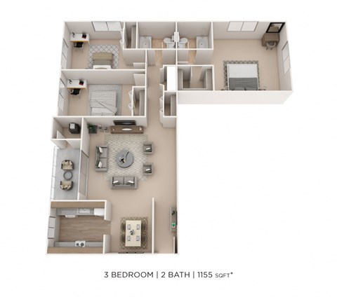 Floor plan for 3 beds, 2 baths, 1155 sqft