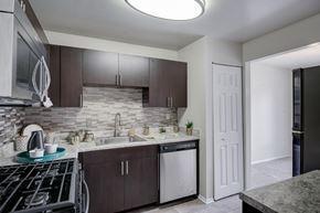 Fairfax apartment for rent - a kitchen with dark cabinets and a stove and a sink