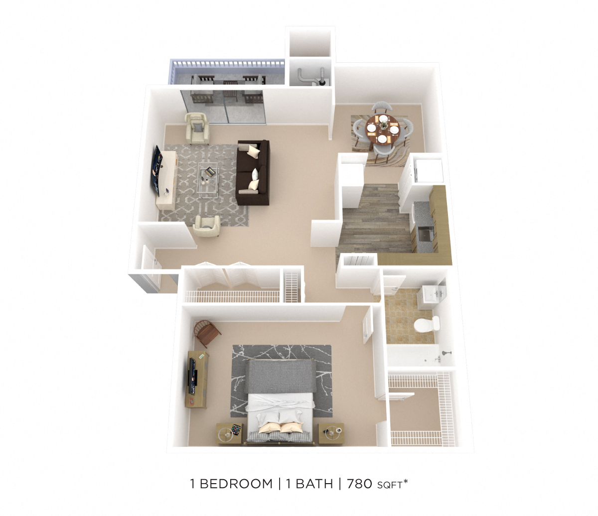 Floor plan for 1 bed, 1 bath, 805 sqft