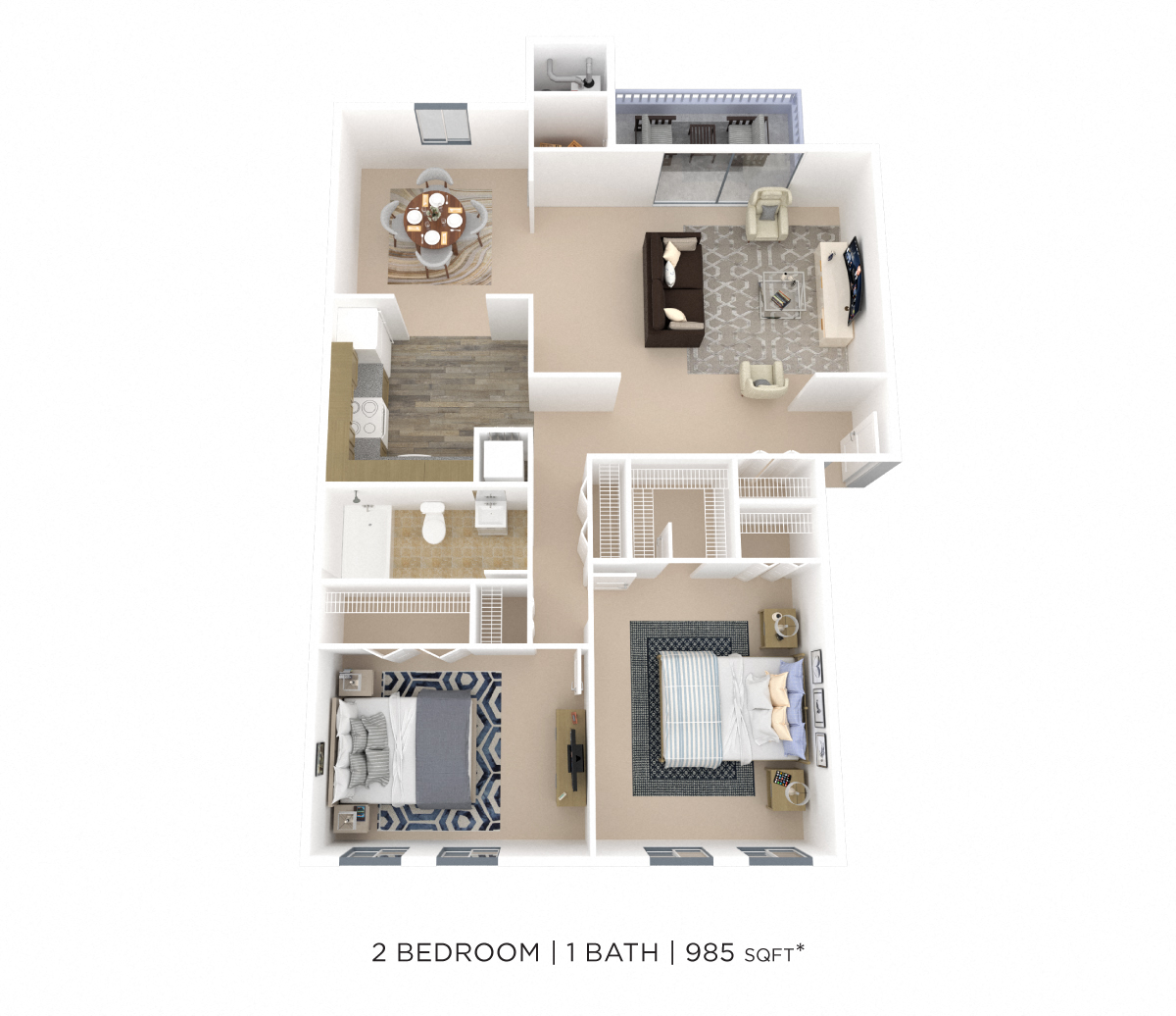 Floor plan for 2 beds, 1 bath, 985 sqft