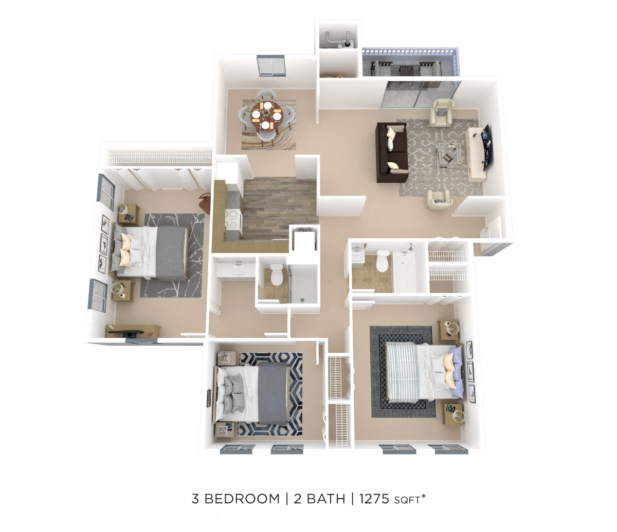 Floor plan for 3 beds, 2 baths, 1275 sqft