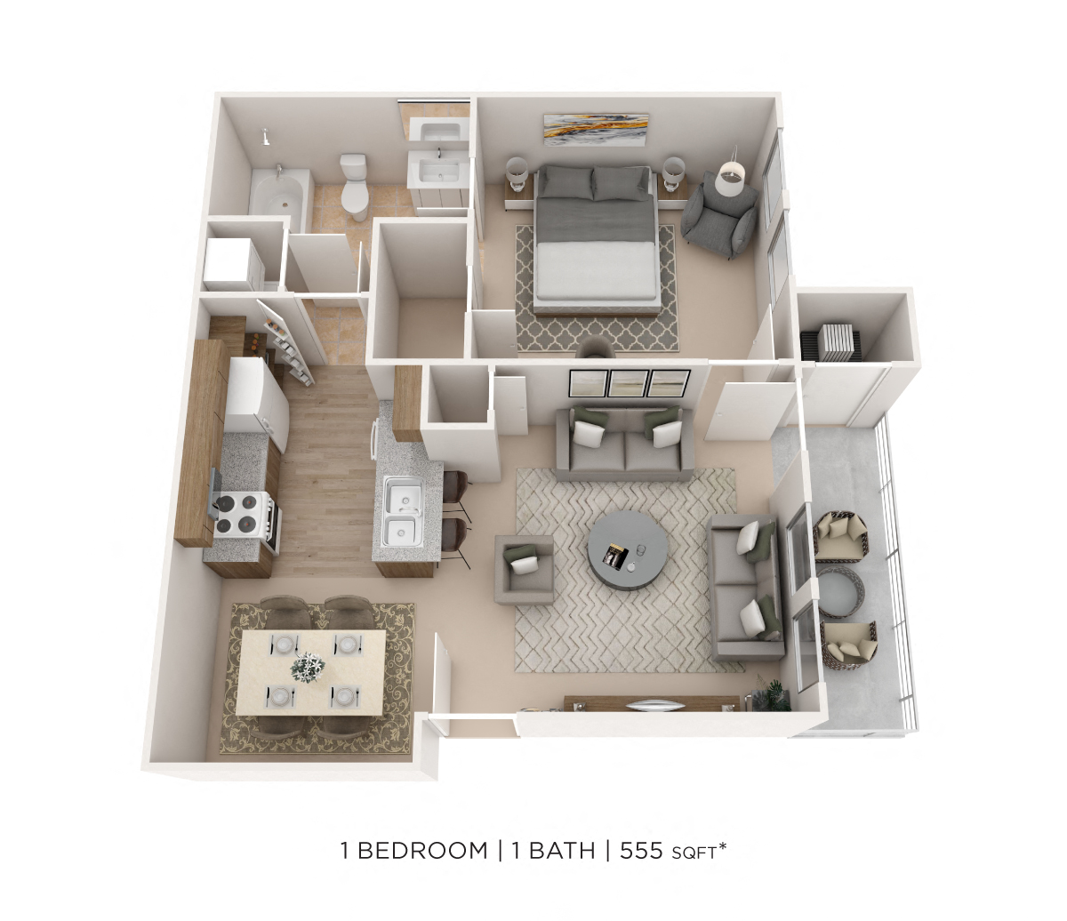 Floor plan for 1 bed, 1 bath, 555 sqft