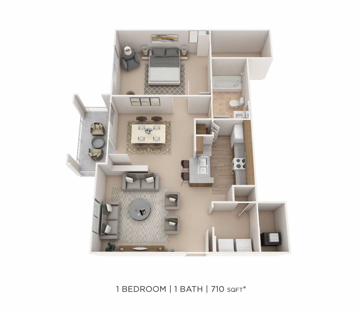 Floor plan for 1 bed, 1 bath, 710 sqft