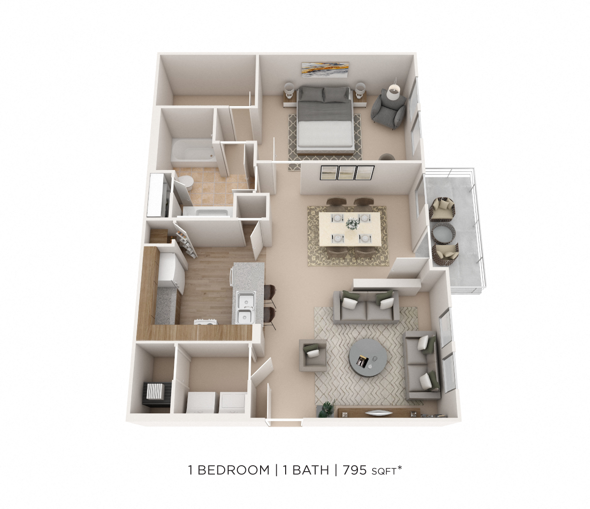 Floor plan for 1 bed, 1 bath, 795 sqft