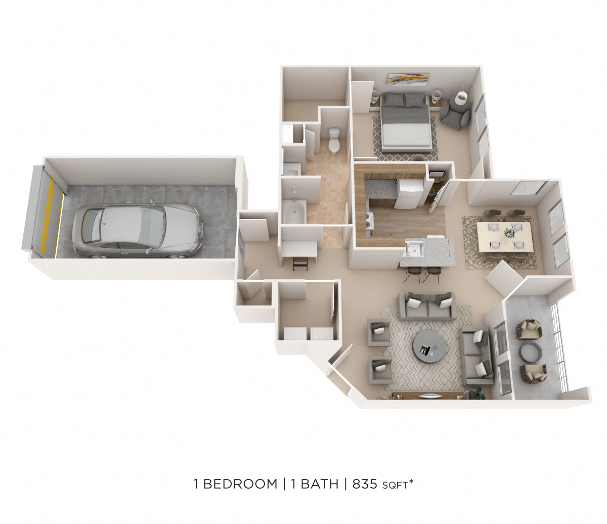 Floor plan for 1 bed, 1 bath, 835 sqft