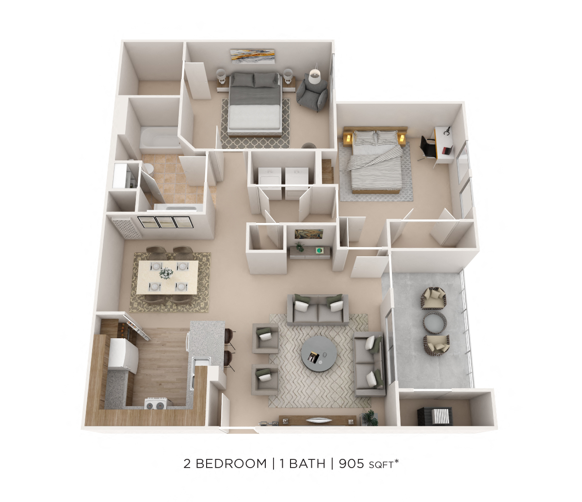 Floor plan for 2 beds, 1 bath, 905 sqft