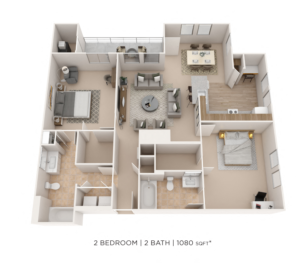 Floor plan for 2 beds, 2 baths, 1080 sqft