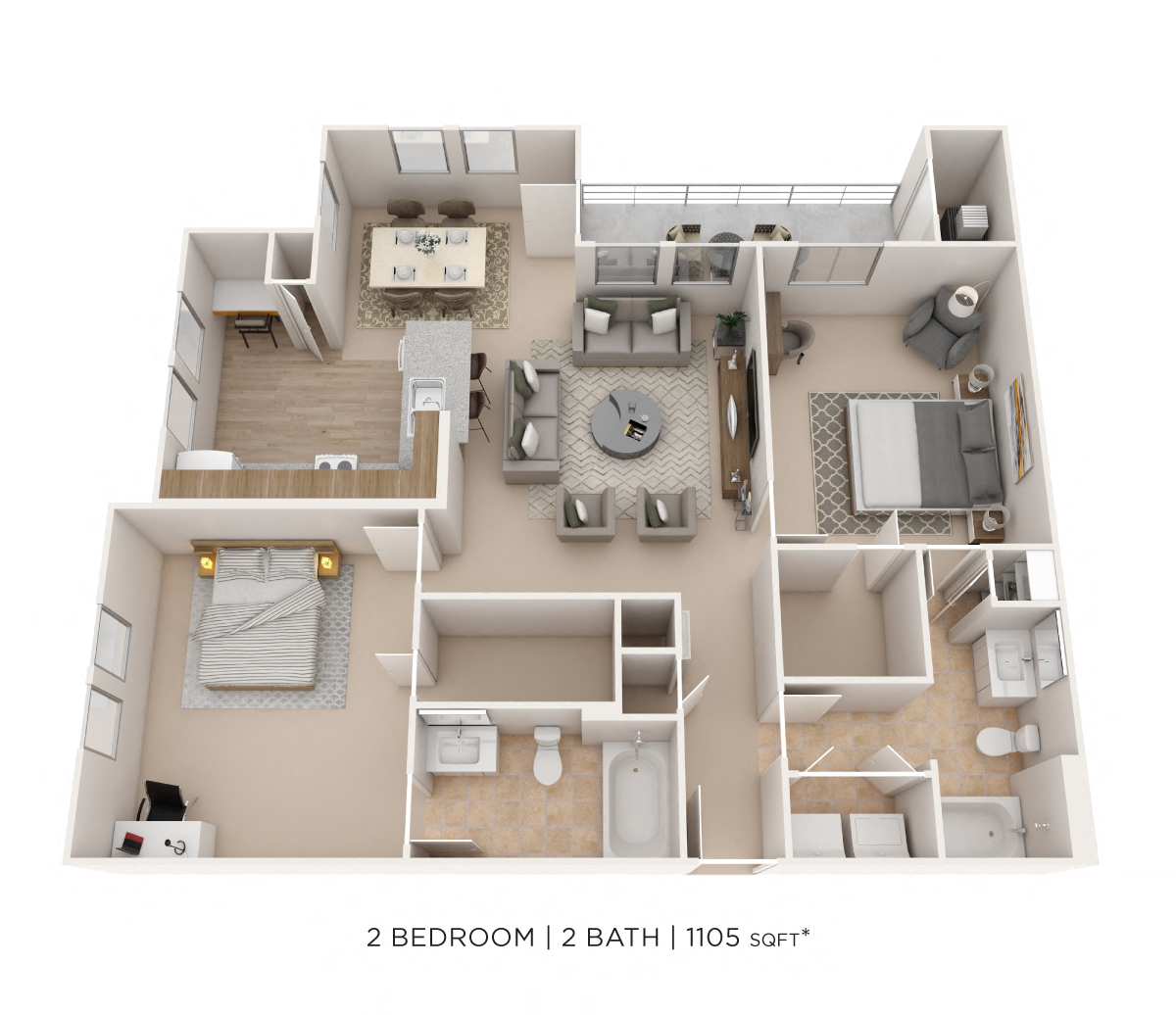 Floor plan for 2 beds, 2 baths, 1105 sqft