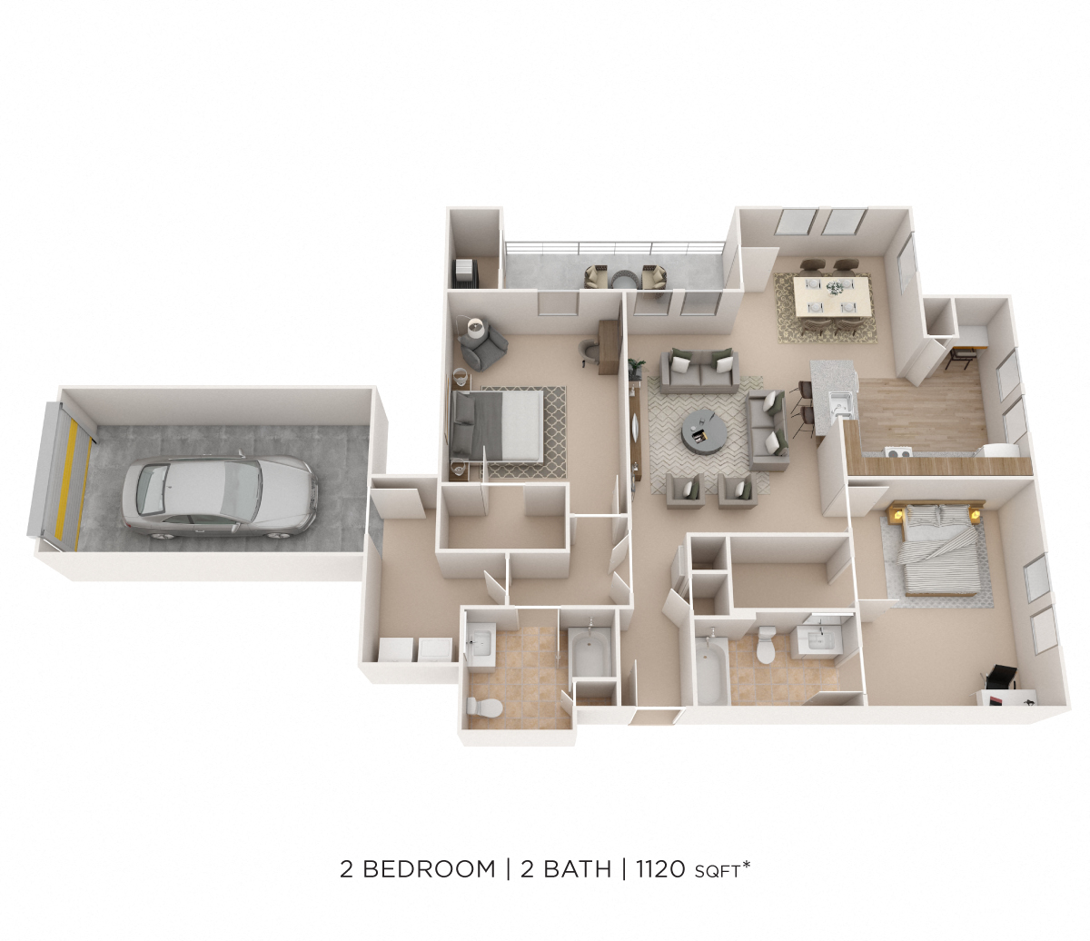 Floor plan for 2 beds, 2 baths, 1120 sqft