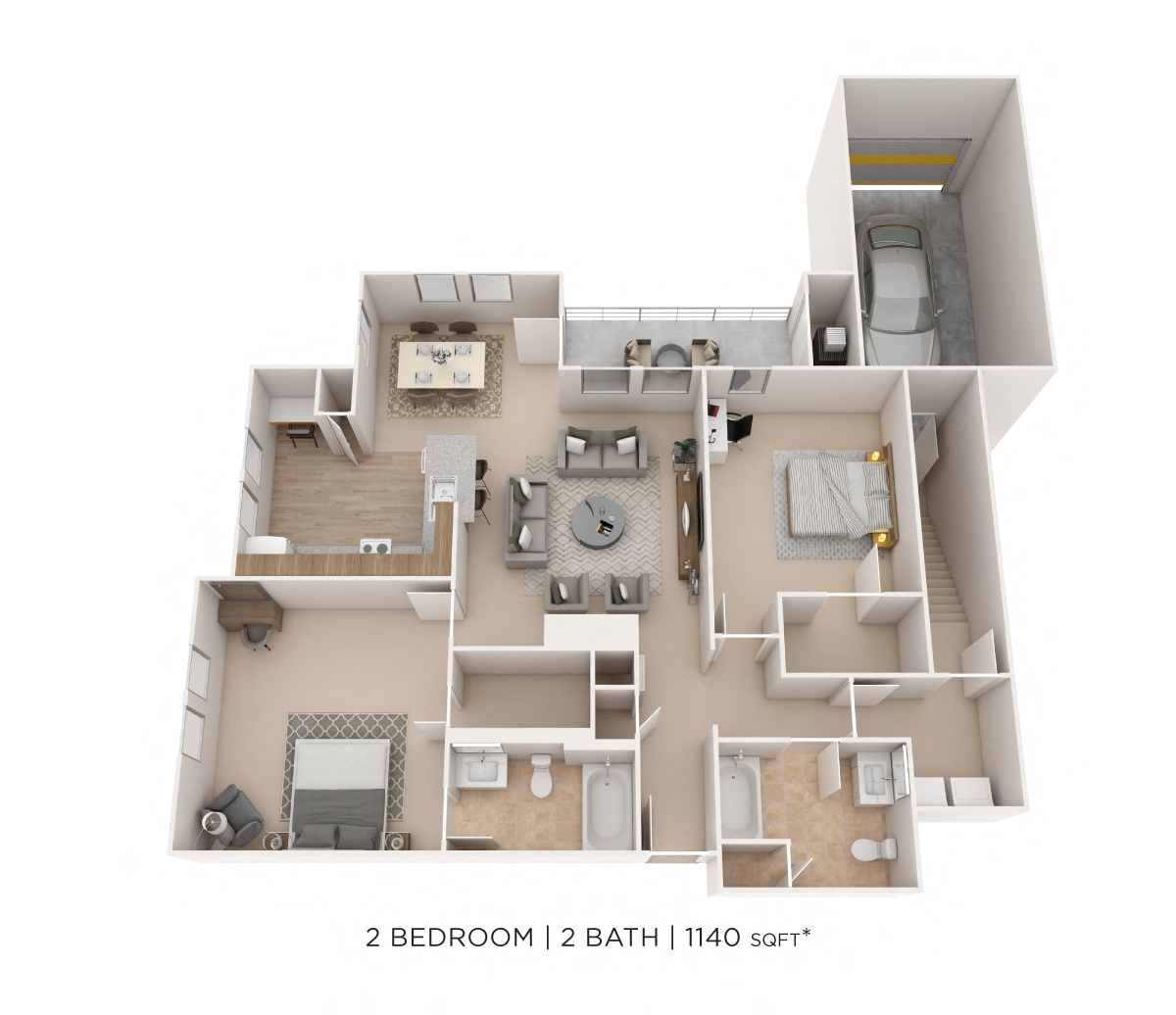 Floor plan for 2 beds, 2 baths, 1140 sqft