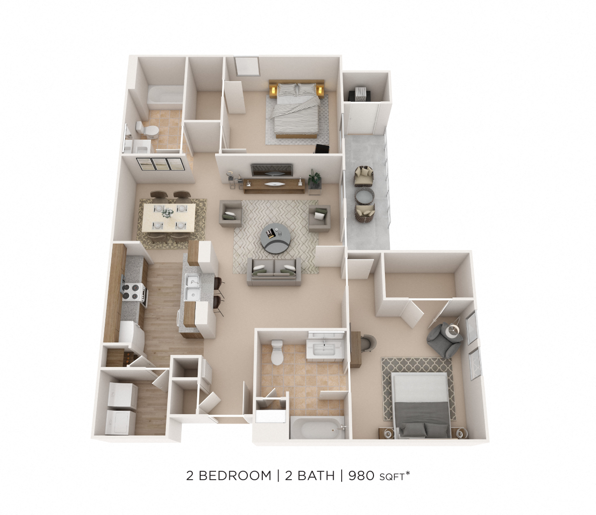 Floor plan for 2 beds, 2 baths, 980 sqft