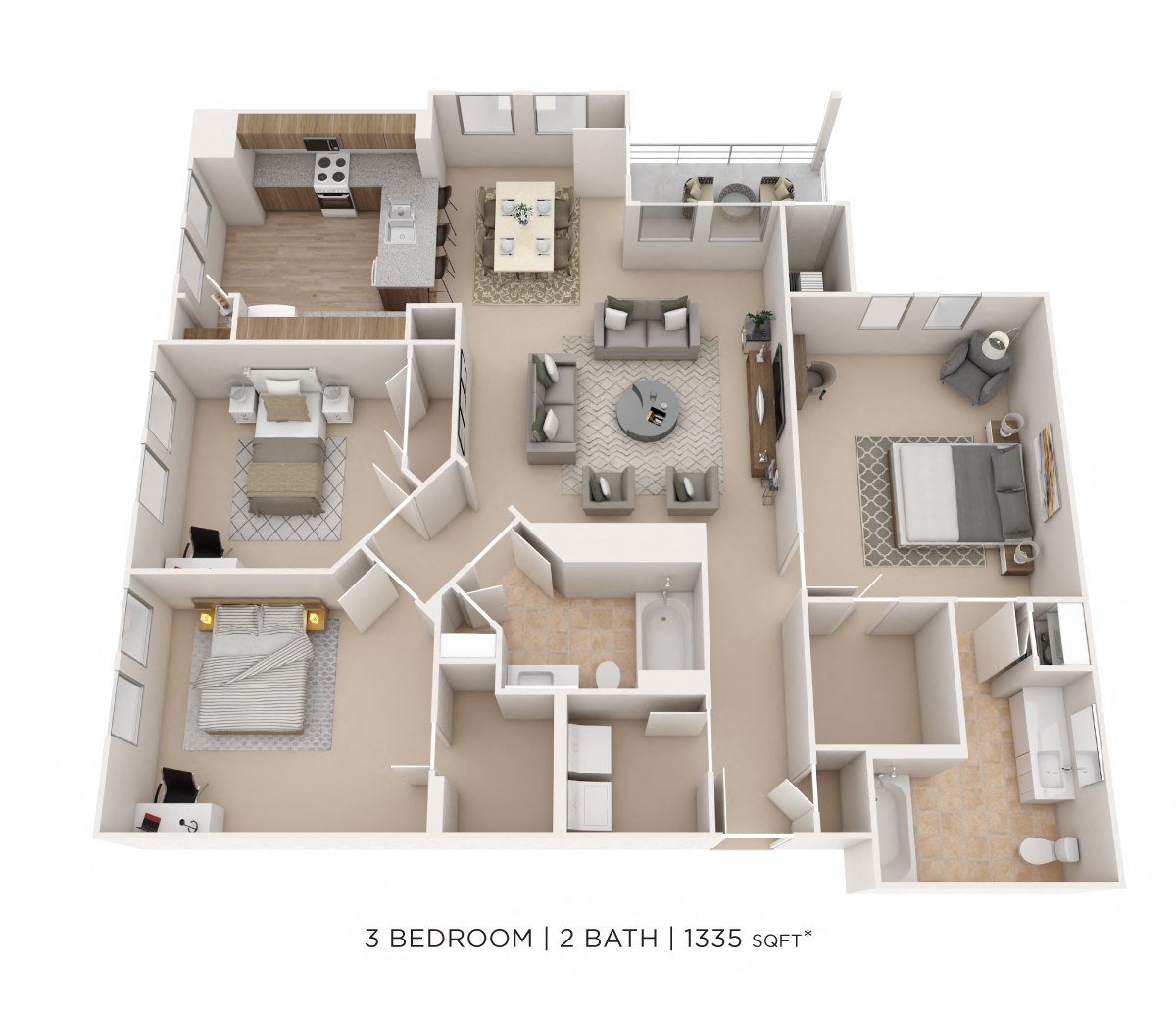 Floor plan for 3 beds, 2 baths, 1335 sqft