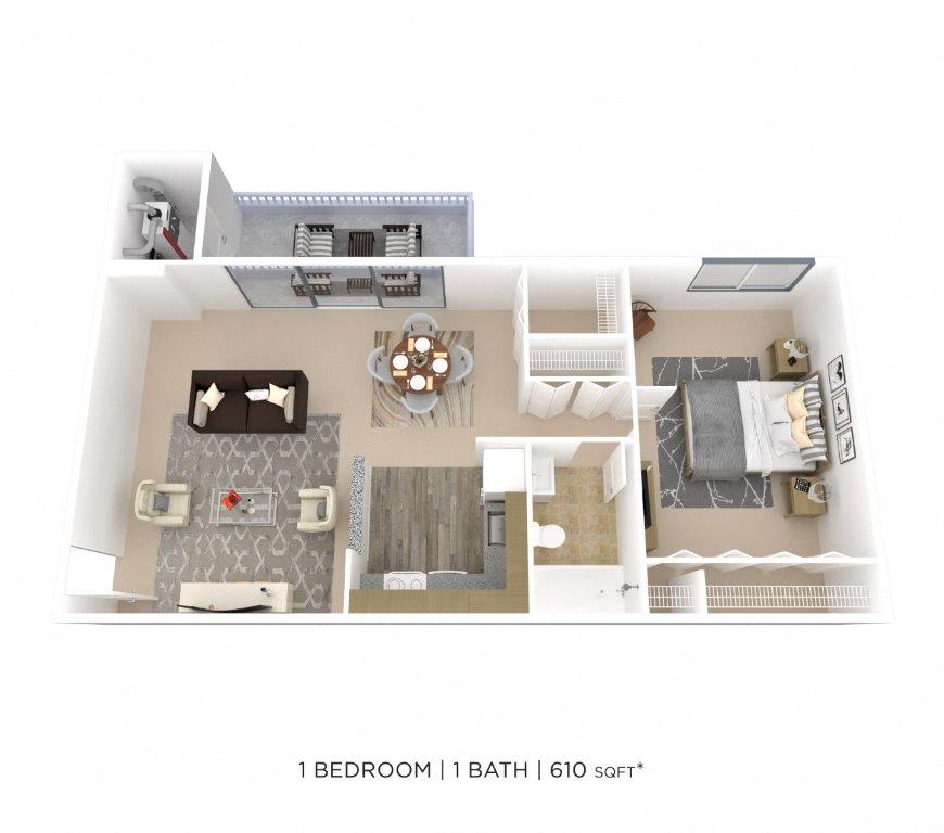 Floor plan for 1 bed, 1 bath, 610 sqft