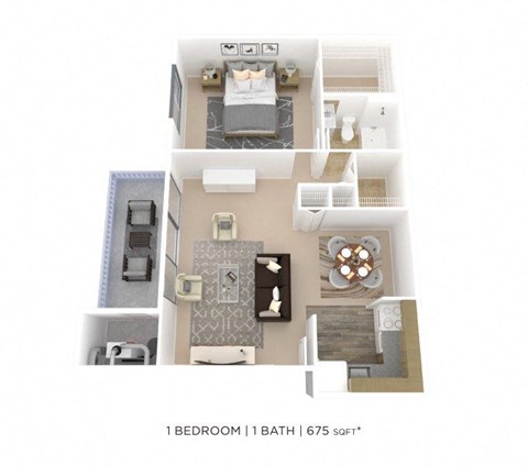 Floor plan for 1 bed, 1 bath, 675 sqft