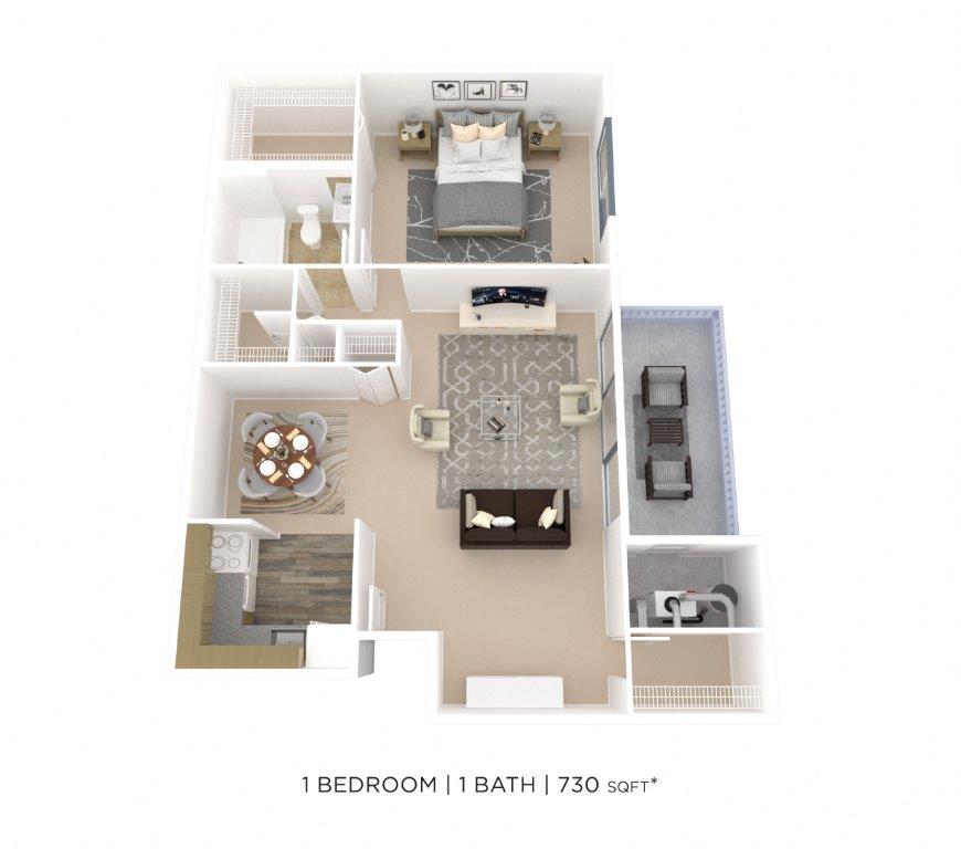 Floor plan for 1 bed, 1 bath, 730 sqft
