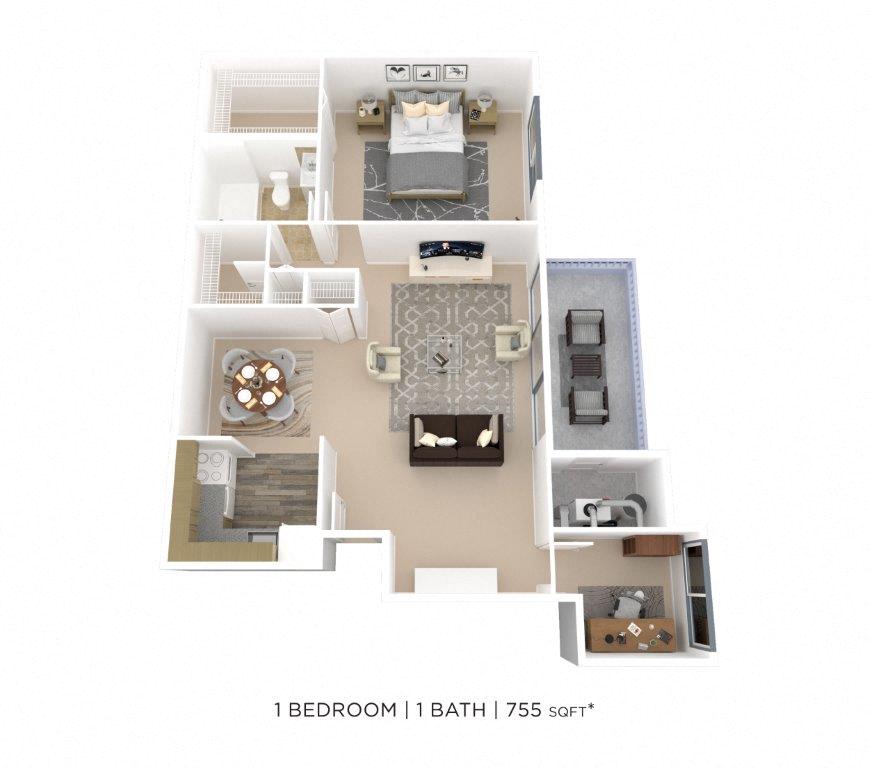 Floor plan for 1 bed, 1 bath, 755 sqft