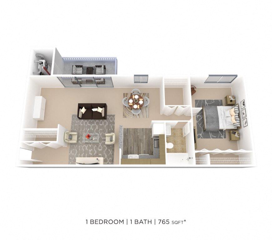 Floor plan for 1 bed, 1 bath, 765 sqft
