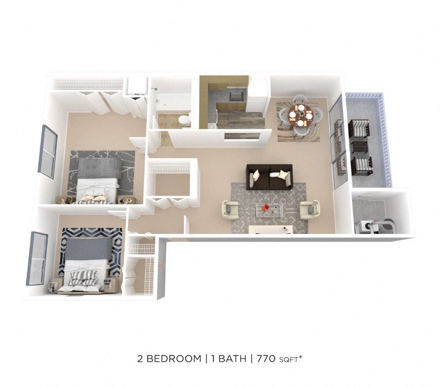 Floor plan for 2 beds, 1 bath, 770 sqft
