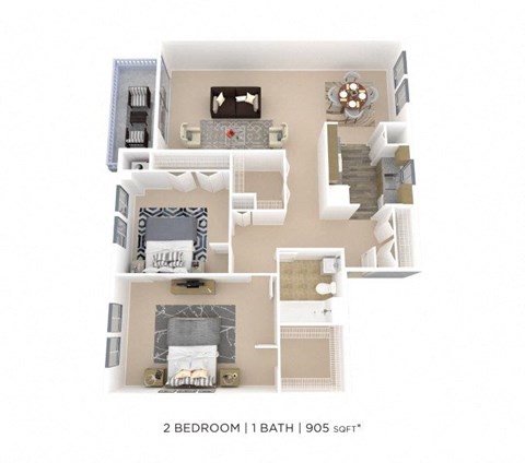 Floor plan for 2 beds, 1 bath, 905 sqft