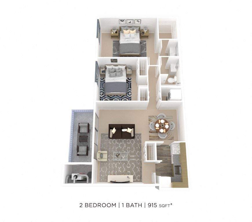 Floor plan for 2 beds, 1 bath, 915 sqft